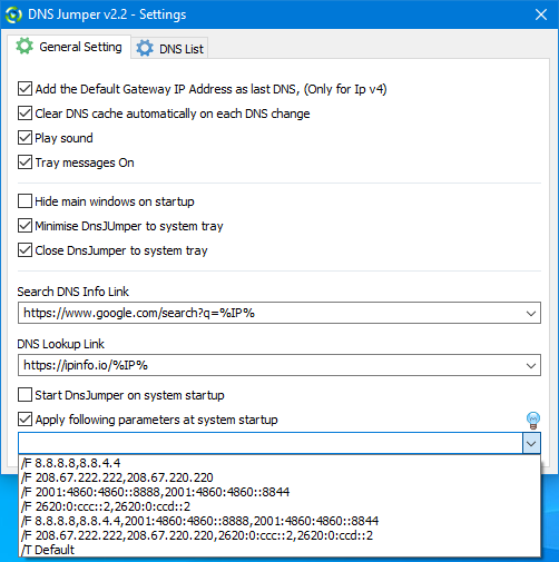 DNS Jumper main interface showing DNS server selection and configuration options