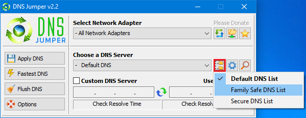 DNS Jumper DNS group selection interface with multiple server options